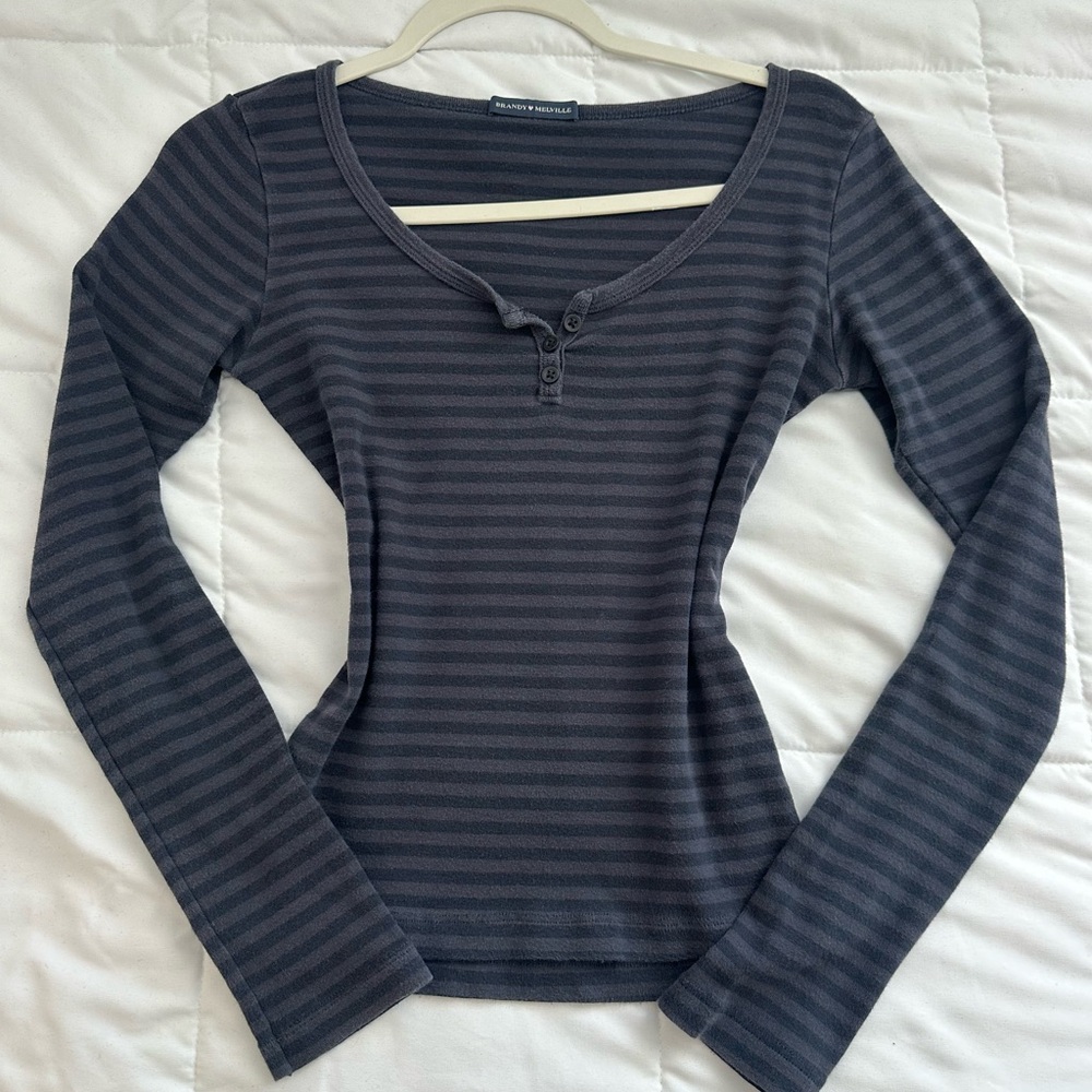Brandy Melville Navy and Charcoal Striped Long-Sleeve Henley